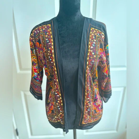 Peck & Peck Multi-Color Boho, Gold Beaded Shear Short Sleeve Cardigan - Picture 1 of 6